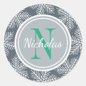 Green Holiday Monogram Snowflake Border Ronde Sticker (Voorkant)