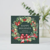 Green Holly Berries Botanical WreatBusiness Feestdagenkaart (Staand voorkant)