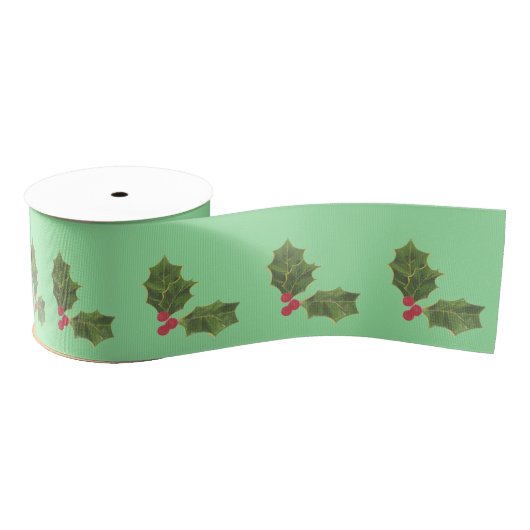 Green Holly Christmas Satin Ribbon - Festive Holid Grosgrain Lint (Spoel)
