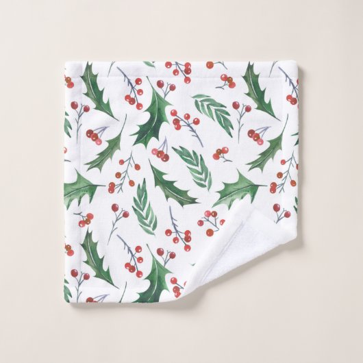 Green Holly en Red Berry Merry kerstpattern Bad Handdoek (Wasdoekje)