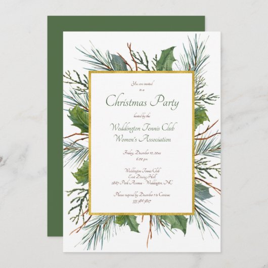 Green Holly kerstfeest uitnodiging (Voorkant / Achterkant)