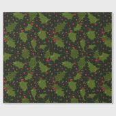 Green Holly Leaves Red Berries Kerstfeest Cadeaupapier (Vlak)