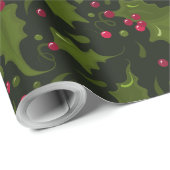 Green Holly Leaves Red Berries Kerstfeest Cadeaupapier (Rol Hoek)