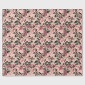 Green Holly Leaves & Red Berries op Dusty Pink Cadeaupapier (Vlak)
