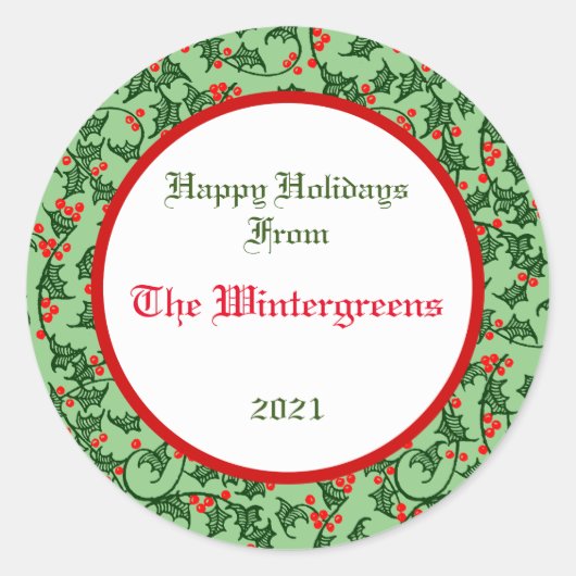 Green Holly met Red Berries Editable Gift Sticker (Voorkant)