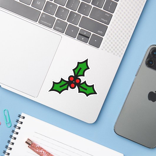 Green Holly met Red Berries Kerstgrafisch Sticker (Laptop met iPhone)