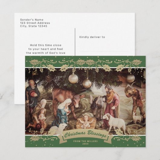Green Holly Natitivity Scene Christelijk Foto Feestdagenkaart (Voorkant / Achterkant)