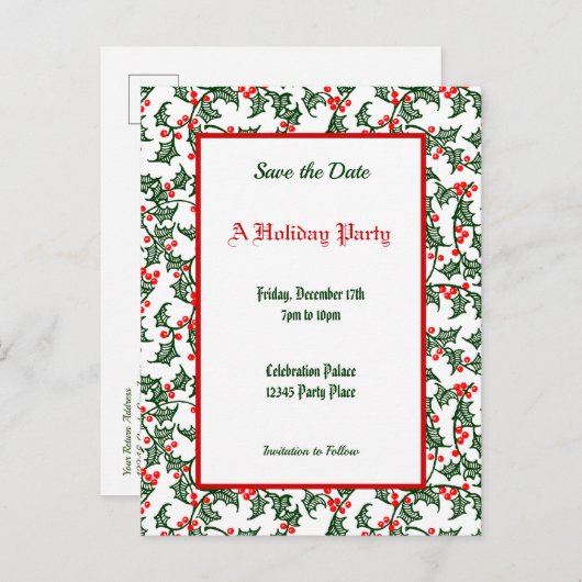 Green Holly Pattern Holiday Editable Save the Date Briefkaart (Voorkant / Achterkant)