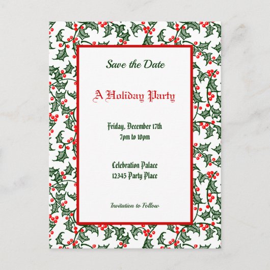 Green Holly Pattern Holiday Editable Save the Date Briefkaart (Voorkant)
