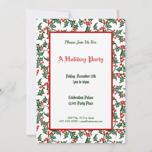 Green Holly Pattern Holiday Party Editable 5x7 Kaart (Voorkant)