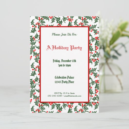 Green Holly Pattern Holiday Party Editable 5x7 Kaart (Staand voorkant)