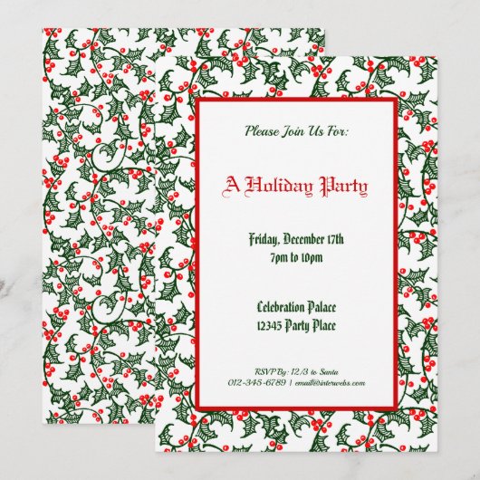 Green Holly Pattern Holiday Party Editable 5x7 Kaart (Voorkant / Achterkant)