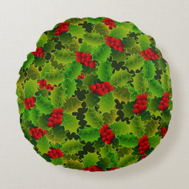 Green Holly with Red Berries Rond Kussen