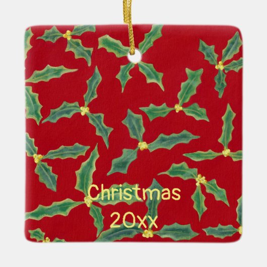 Green Holly Yellow Flowers kerstjaarversiering Keramisch Ornament (Voorkant)