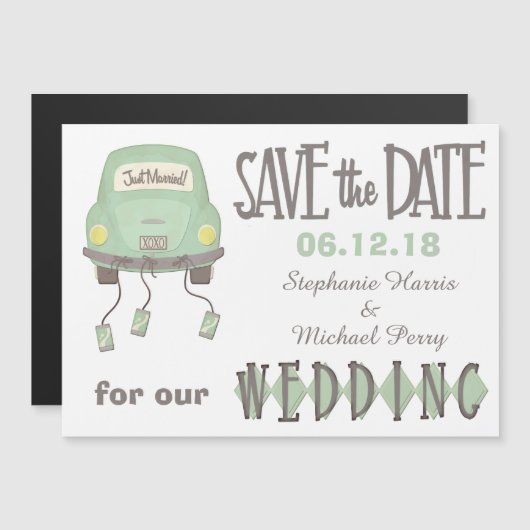 Green Honeymoon Car Save the Date Wedding Magnetische Uitnodiging (Voorkant / Achterkant)