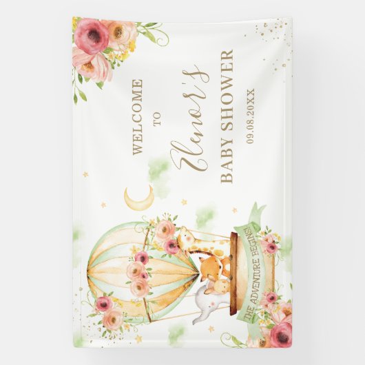 Green Hot Air Ballon Animal Baby shower Spandoek (Verticaal)