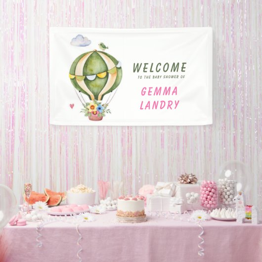 Green Hot Air Balloon Girl Baby shower Welkom Spandoek (Feest)