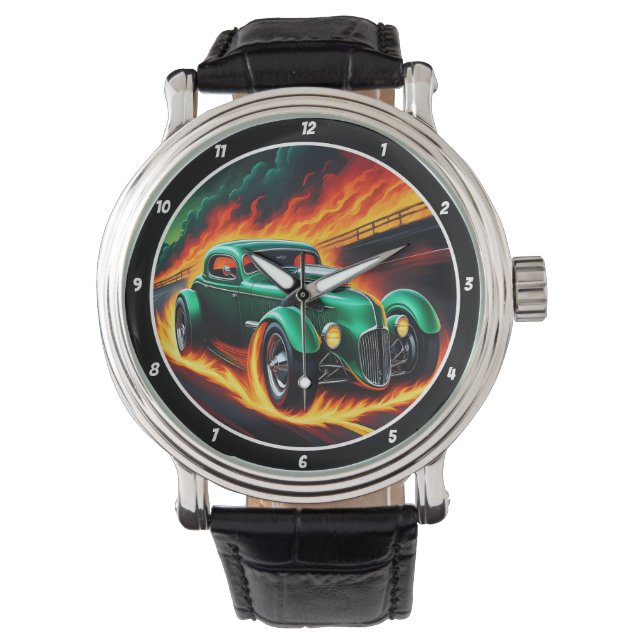 Green Hot Rod, Fiery Road  Horloge (Voorkant)
