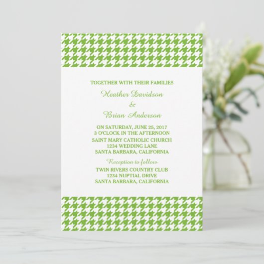 Green Houndstooth Wedding Invite Kaart (Staand voorkant)