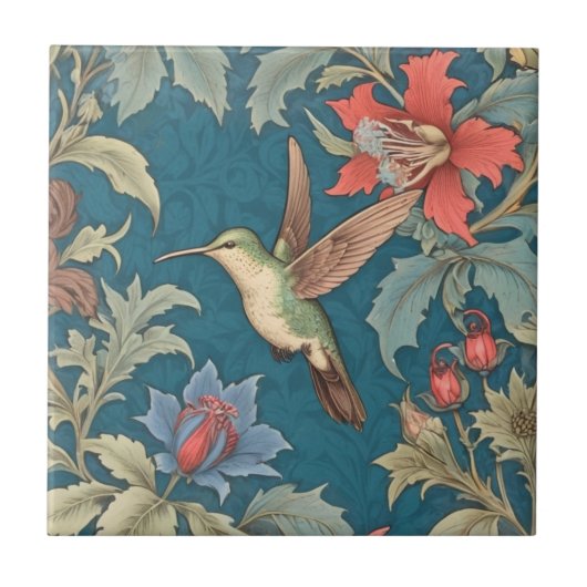 Green Hummingbird Bird William Morris stijl links Tegeltje (Voorkant)