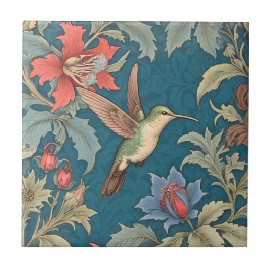 Green Hummingbird Bird William Morris stijl rechts Tegeltje (Voorkant)