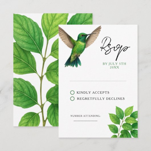 Green Hummingbird Leafy Botanical Border Wedding RSVP Kaartje (Voorkant / Achterkant)