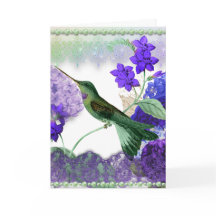 Green Hummingbird with flowers, lace, pearls card