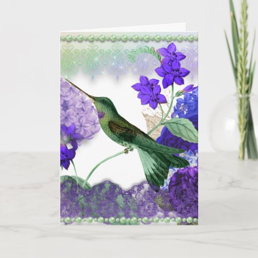 Green Hummingbird with flowers, lace, pearls card Kaart (Voorkant)