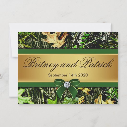 Green Hunting Thmed Camo Wedding Invitations Kaart (Voorkant)