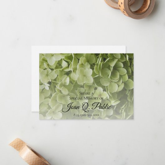 Green Hydrangea Floral Deel een Geheugenbegrafenis Notitiekaartje (Voorkant / Achterkant in situ)