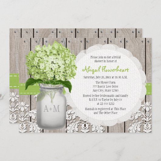 Green Hydrangea Monogram Mason Jar Vrijgezellenfee Kaart (Voorkant / Achterkant)