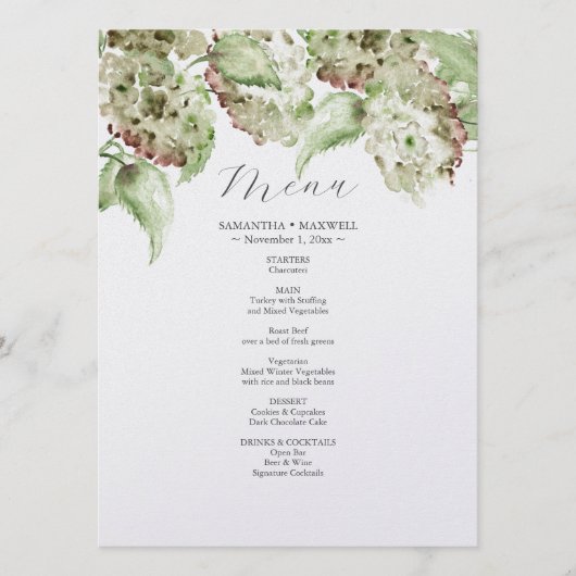 Green Hydrangea Wedding Decor Menus Menu (Voorkant)