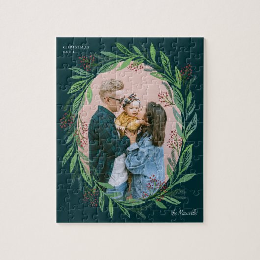 Green Illustrated Leaf Wreath Photo Lijst Holiday Legpuzzel (Verticaal)