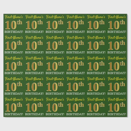 Green, Imitation Gold look "10th BIRTHDAY" Cadeaupapier (Vlak)