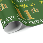 Green, Imitation Gold look "11th BIRTHDAY" Cadeaupapier (Rol Hoek)
