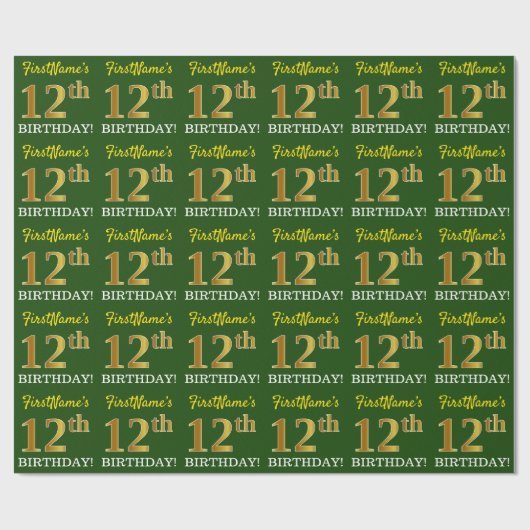 Green, Imitation Gold look "12th BIRTHDAY" Cadeaupapier (Vlak)
