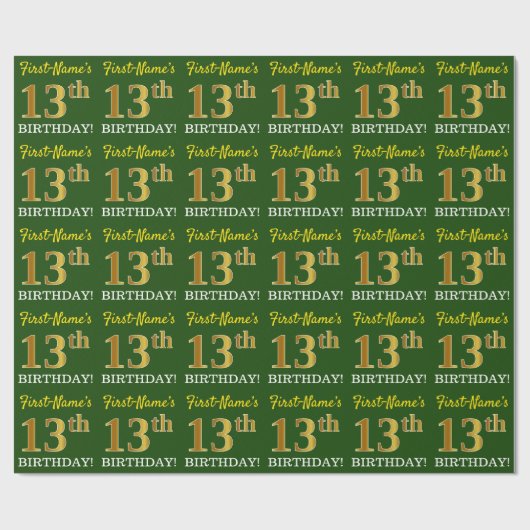 Green, Imitation Gold look "13th BIRTHDAY" Cadeaupapier (Vlak)