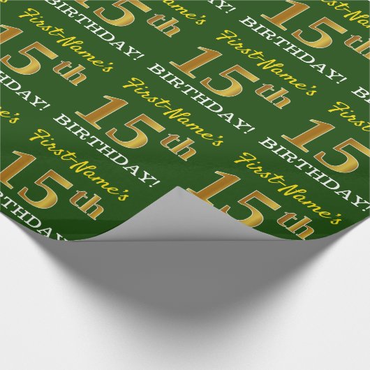 Green, Imitation Gold look "15th BIRTHDAY" Cadeaupapier (Hoek)
