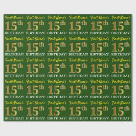 Green, Imitation Gold look "15th BIRTHDAY" Cadeaupapier