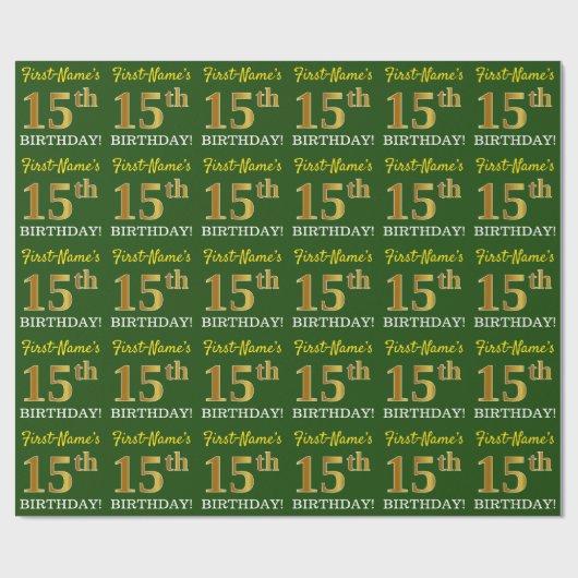 Green, Imitation Gold look "15th BIRTHDAY" Cadeaupapier (Vlak)