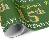 Green, Imitation Gold look "15th BIRTHDAY" Cadeaupapier (Rol Hoek)