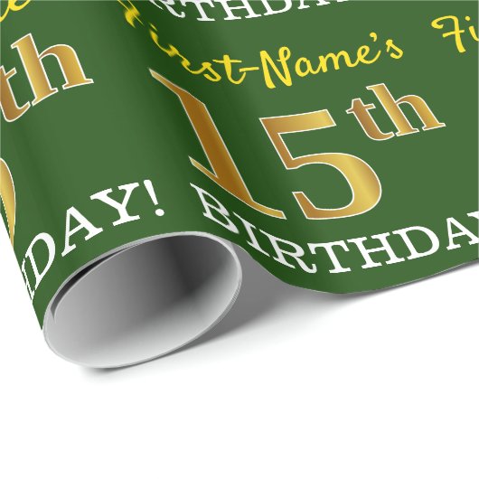Green, Imitation Gold look "15th BIRTHDAY" Cadeaupapier (Rol Hoek)