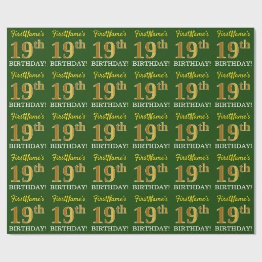 Green, Imitation Gold look "19th BIRTHDAY" Cadeaupapier (Vlak)