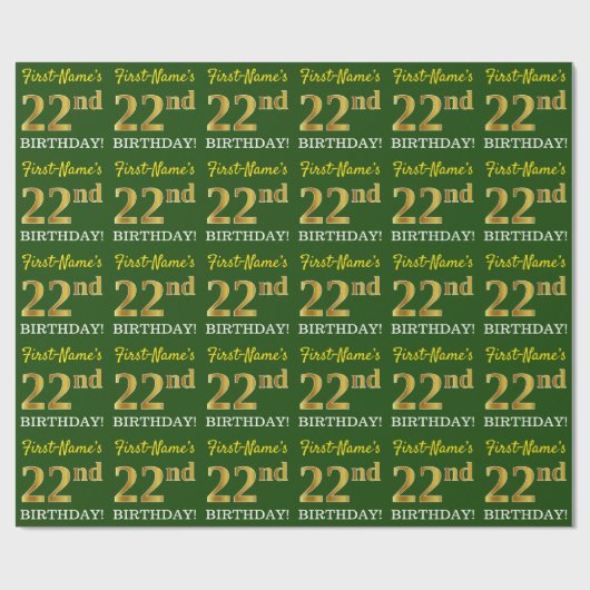Green, Imitation Gold look "22e BIRTHDAY" Cadeaupapier (Vlak)