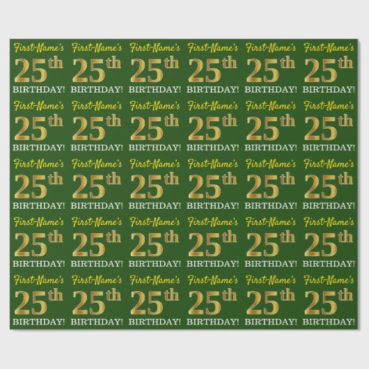Green, Imitation Gold look "25th BIRTHDAY" Cadeaupapier (Vlak)