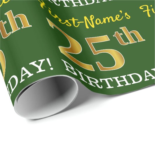 Green, Imitation Gold look "25th BIRTHDAY" Cadeaupapier (Rol Hoek)