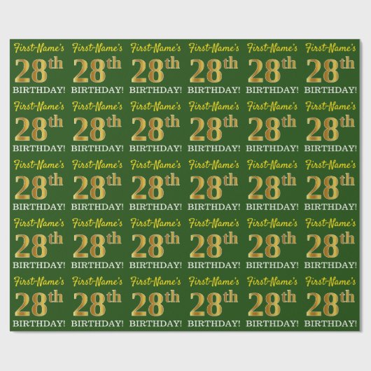 Green, Imitation Gold look "28th BIRTHDAY" Cadeaupapier (Vlak)