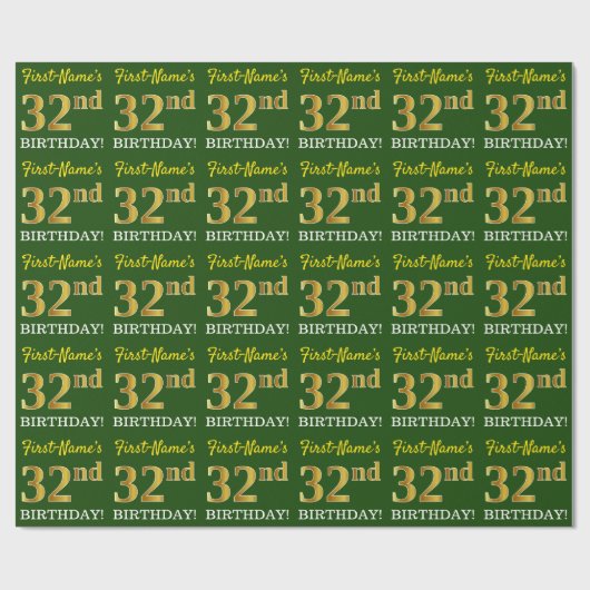 Green, Imitation Gold look "32nd BIRTHDAY" Cadeaupapier (Vlak)