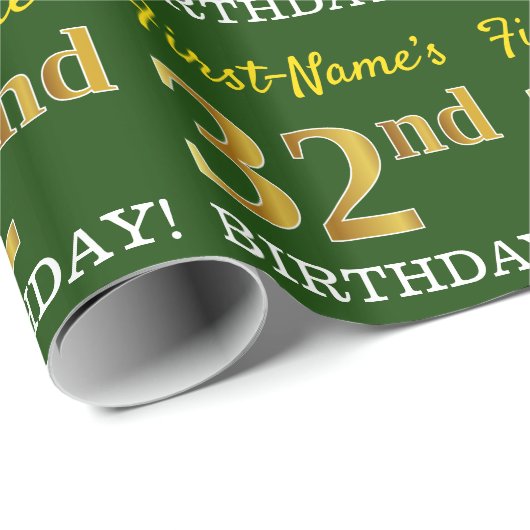 Green, Imitation Gold look "32nd BIRTHDAY" Cadeaupapier (Rol Hoek)