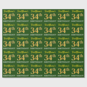 Green, Imitation Gold look "34th BIRTHDAY" Cadeaupapier